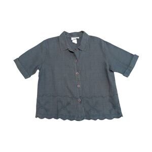 Hot Cotton Marc Ware Linen Button Down Shirt Embroidered Short Sleeve Gray Blue